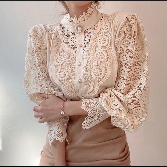 Lace blouse floral womens clothing long sleeve - Picture 3 of 14